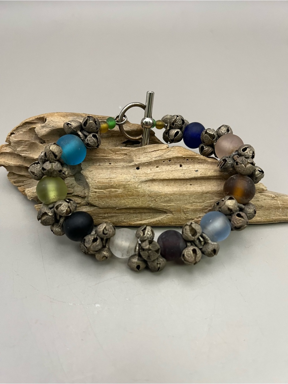 Handmade Multicolor Bead Bracelet with Silver Bells